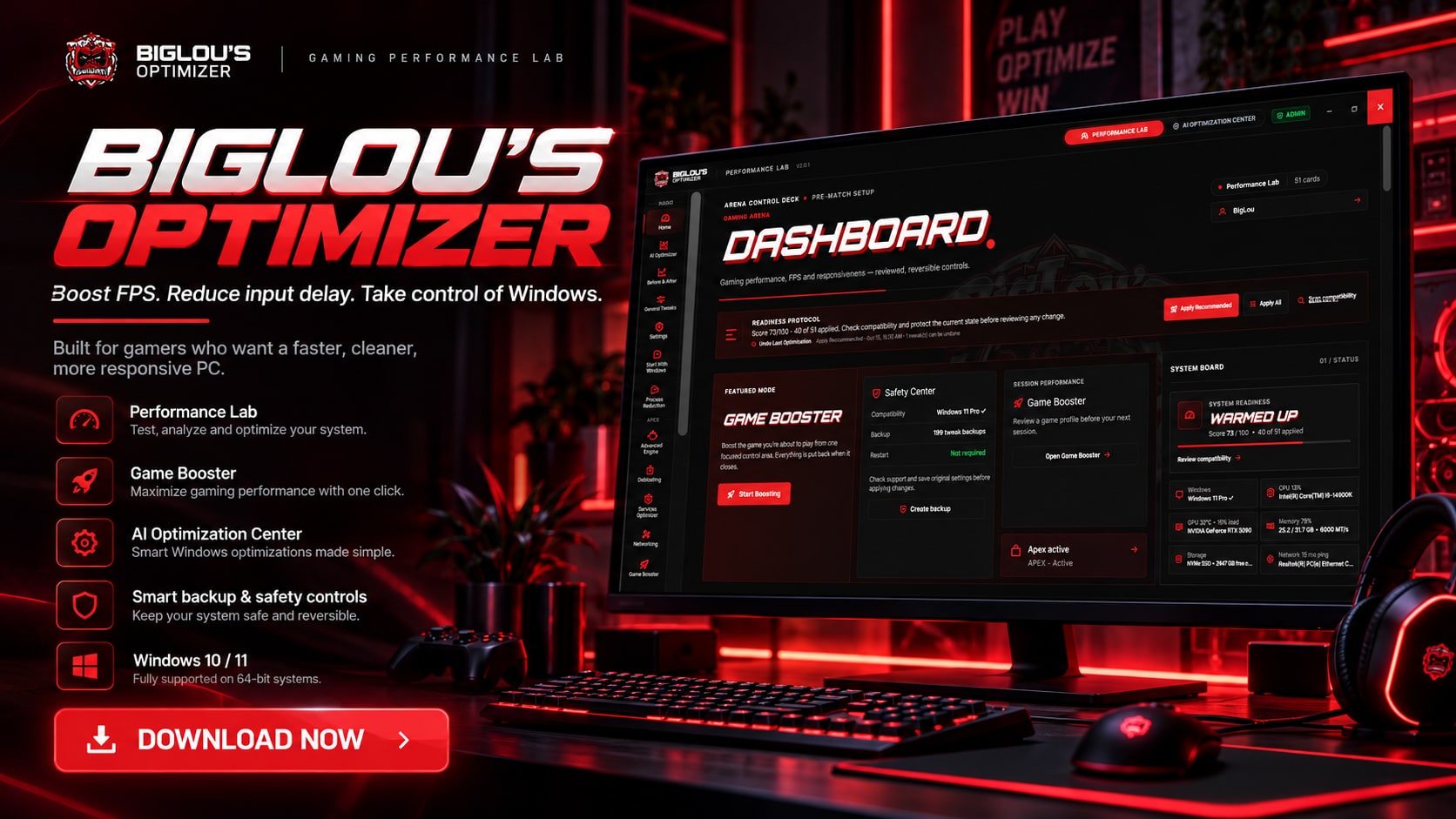 BigLou's Optimizer gaming performance software showing the Performance Lab dashboard with Game Booster, Safety Center and system readiness on a gaming PC setup, with feature highlights and a Download Now button.